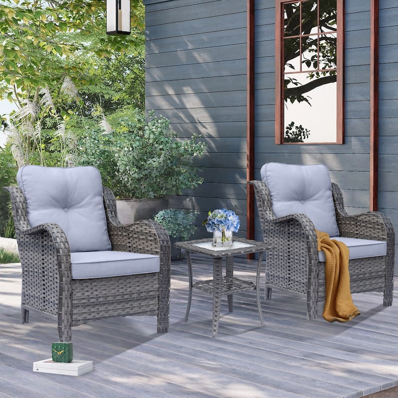 3 Piece High Back Wicker Rattan Outdoor Patio Furniture Chairs Set - Grey-Gray Rattan