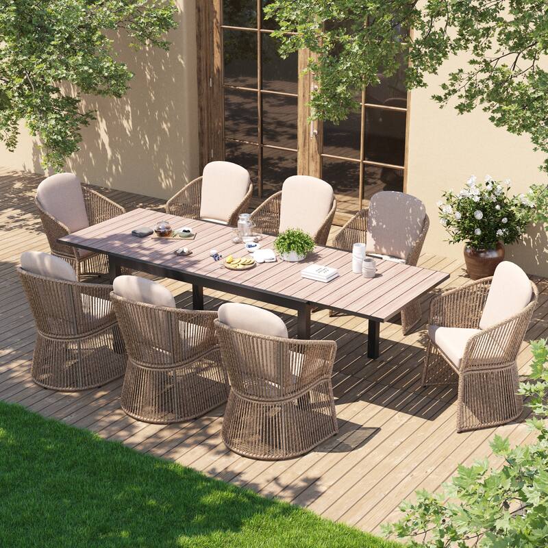 Outdoor Patio Dining Sets with Rattan Chairs and Aluminum Extendable Dining Table for 8 Persons - Beige