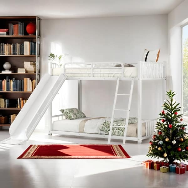 slide 2 of 21, Metal Twin over Twin Bunk Bed with Railings, Slats and Slide for Children's Bedroom White