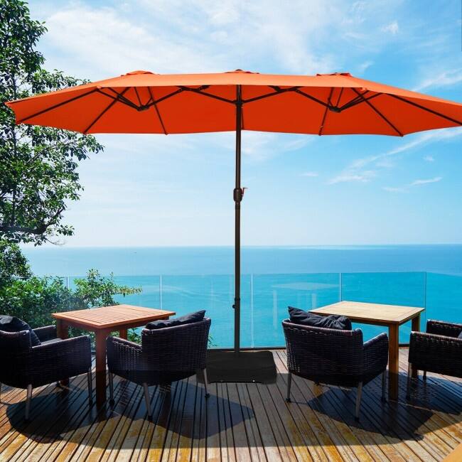 15 Foot Extra Large Patio Double Sided Umbrella with Crank and Base - 15' x 8' (W x H)
