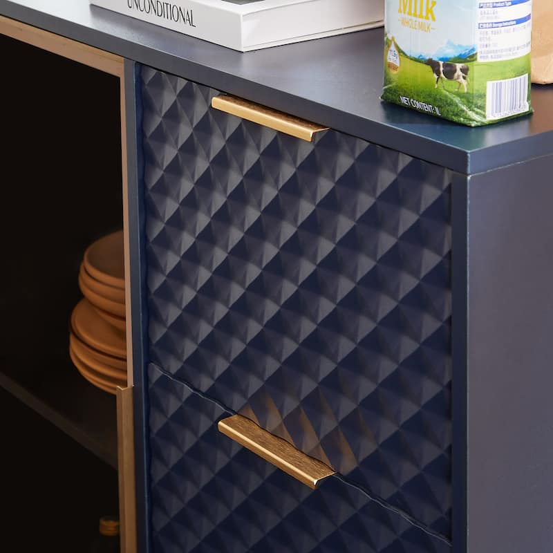 Storage Cabinet with Geometric Carvings, Accent Cabinet with Tempered Glass Doors, Buffet with Sturdy Metal Legs