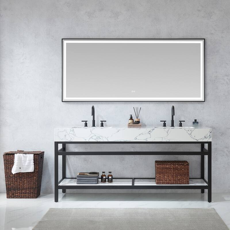 Ecija Bath Vanity, Metal Support with Composite Stone Top and Mirror