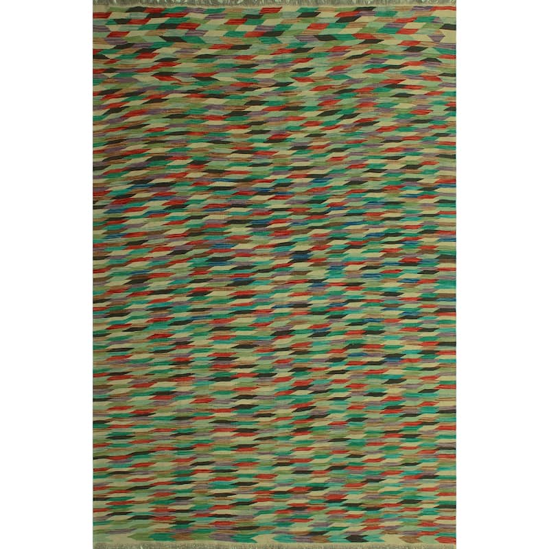 Hand-Woven Winchester Kilim Mamoun Green/Rust Rug - 6'8" x 9'11"