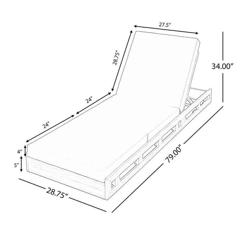 Roomfitters Outdoor Acacia Wood Chaise Lounge with Dark Grey Triple-Fold Cushions Teak Finish