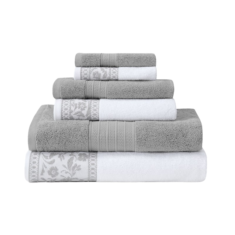 Modern Threads 6-Piece Jacquard Border Towel Set Allie - 100% Cotton, Bath, Hand & Washcloths - Elegant Floral Border - Gray