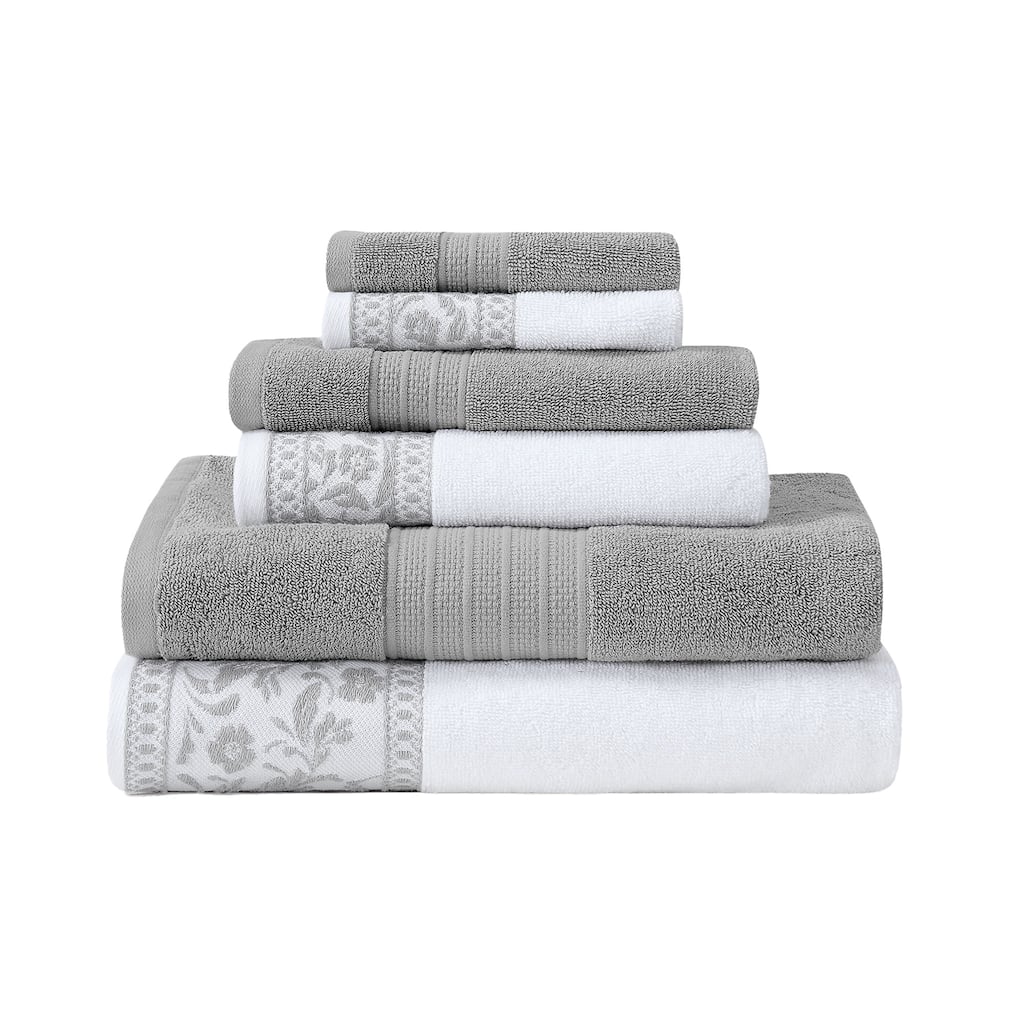 Modern Threads 6-Piece Jacquard Border Towel Set Allie - 100% Cotton, Bath, Hand & Washcloths - Elegant Floral Border