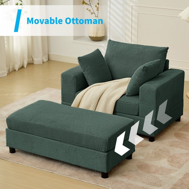 Mixoy 50 "D Sofa Chair with Ottoman, 2 Cushions, Large Corduroy Upholstered Comfy Chaise Lounge Deep Seat Sleeper Chair Indoor