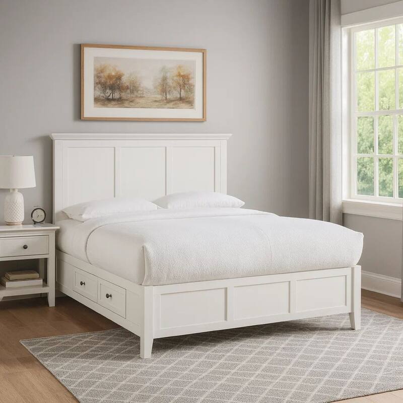 Neo King Size Bed, Panel Design Farmhouse Wood Frame with Slats, White