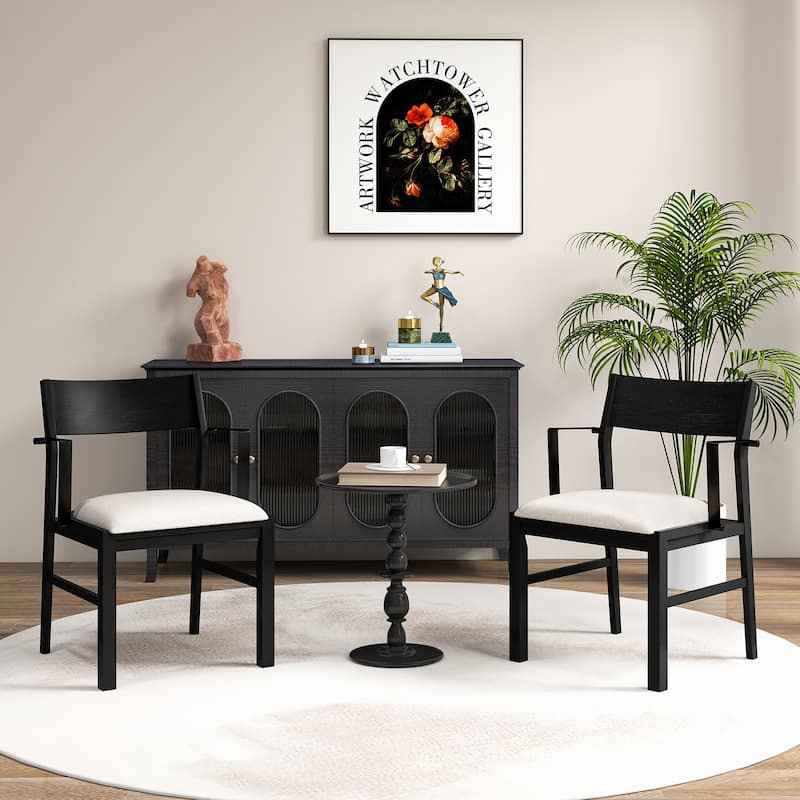 Set of 2 Dining Chairs with Rubber Wood Legs and Linen Upholstery Thick Cushion Metal Armrests - 23.5"L x 23"W x 33"H