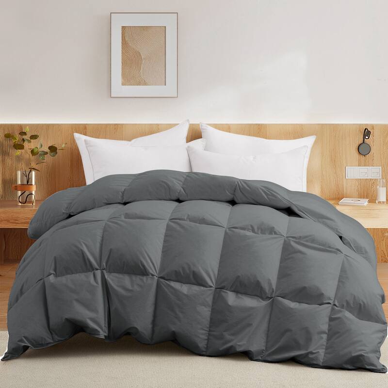 All Season 100% Cotton White Goose Feather Down Comforter with Pinch Pleat Design - King - Dark Gray