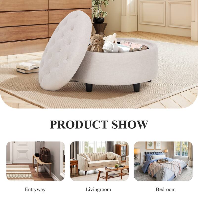 Fabric Storage Ottoman with Tray Lid - Footrest & Hidden Storage for Living Room​