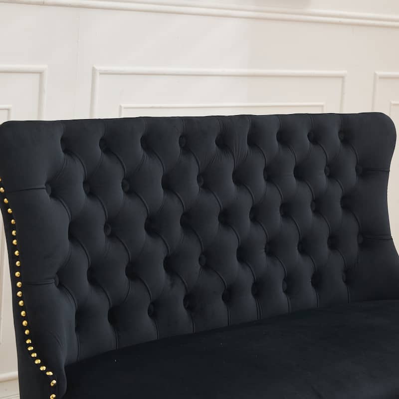 Velvet Double Dining Loveseat Bench, 2-Seat Tufted Bench w/Handmade Buttons, Wing Back, Gold-Plated Steel Legs, Single Pack