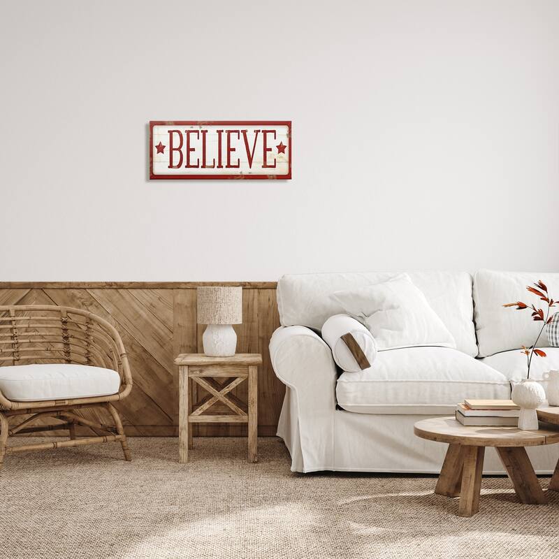 Stupell Believe Sign Red Christmas Holiday Word Design Canvas Wall Art, Proudly Made in USA