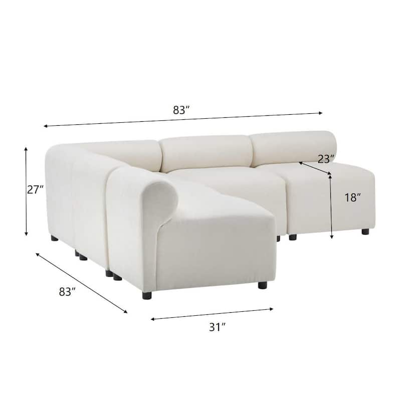 L Shaped Modular Sectional Sofa, Chenille Upholstered Round-Back 4 Seat Sofa, High Resilience Soam Corner Sofa