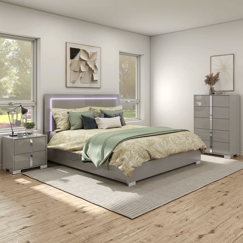 Furniture of America Erina Modern Glossy 3-Piece Panel Bedroom Set - Light Taupe - King
