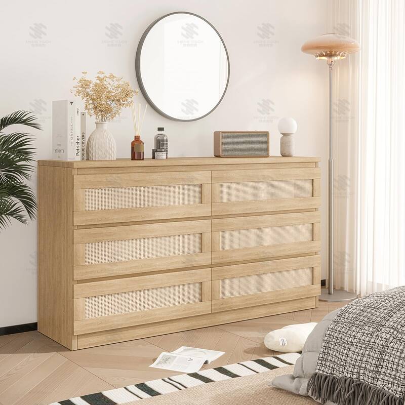 6/8 Drawer Rattan Dresser for Bedroom, Double Wood Chest of Drawers for Closet, Nightstand, TV Stand