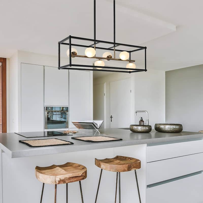 Modern LED Black Gold Chandelier 6-Light Rectangle Island Lights for Dining Room - 34" L