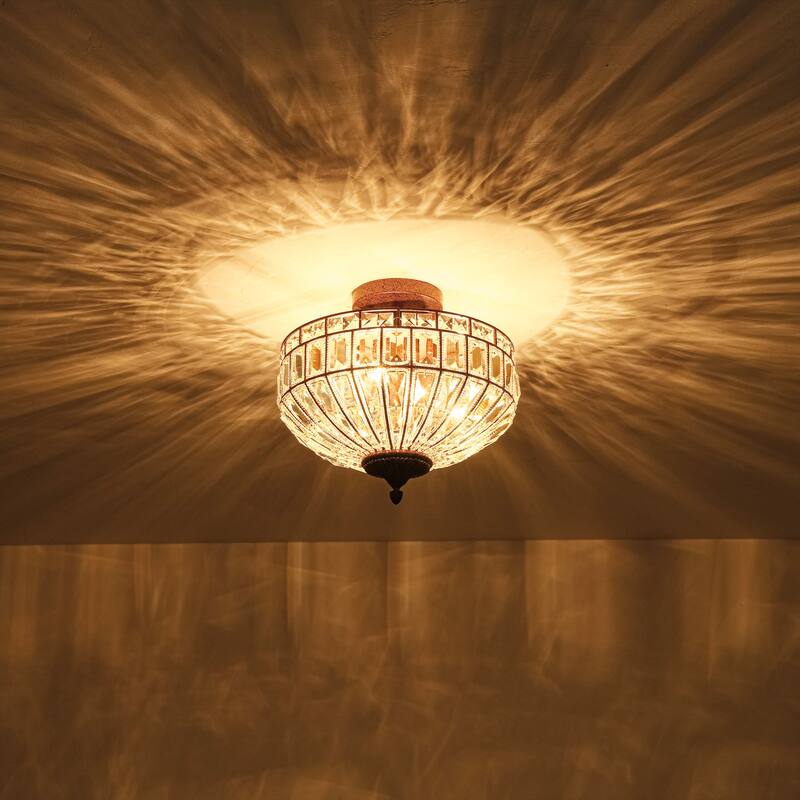 15.6" 3-Light Retro Rust-Colored Bowl Shaped Faceted Clear Crystal Semi-Flush Mount Ceiling Light for Bedroom, Kitchen