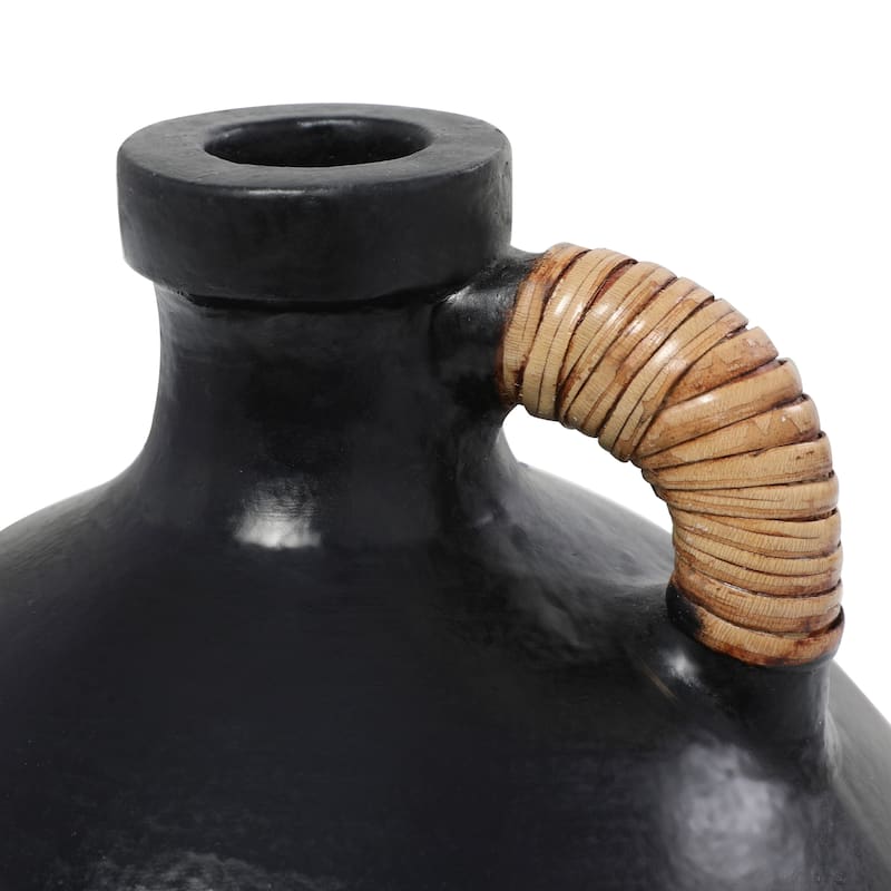 Stylish Black Ceramic Jug Inspired Vase with Rattan Wrapped Handle