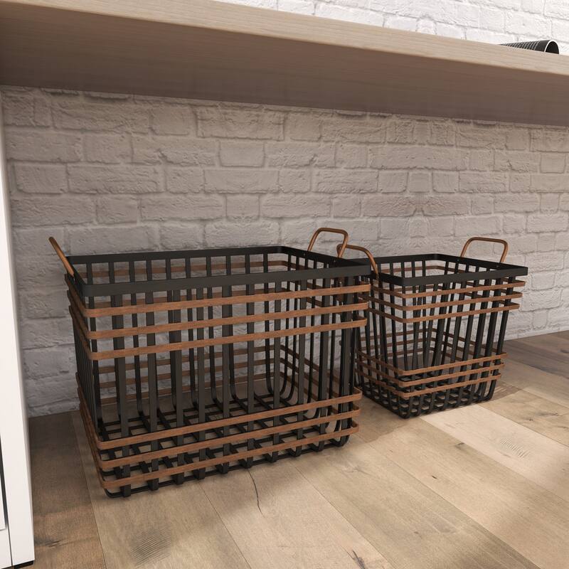 Black Seagrass Decorative and Functional Storage Basket with Handles (Set of 2)