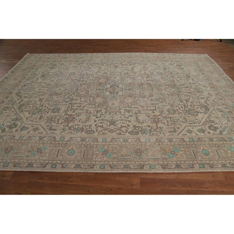 Geometric Beige Tabriz Persian Area Rug Handmade Wool Carpet - 8'0"x 11'0"