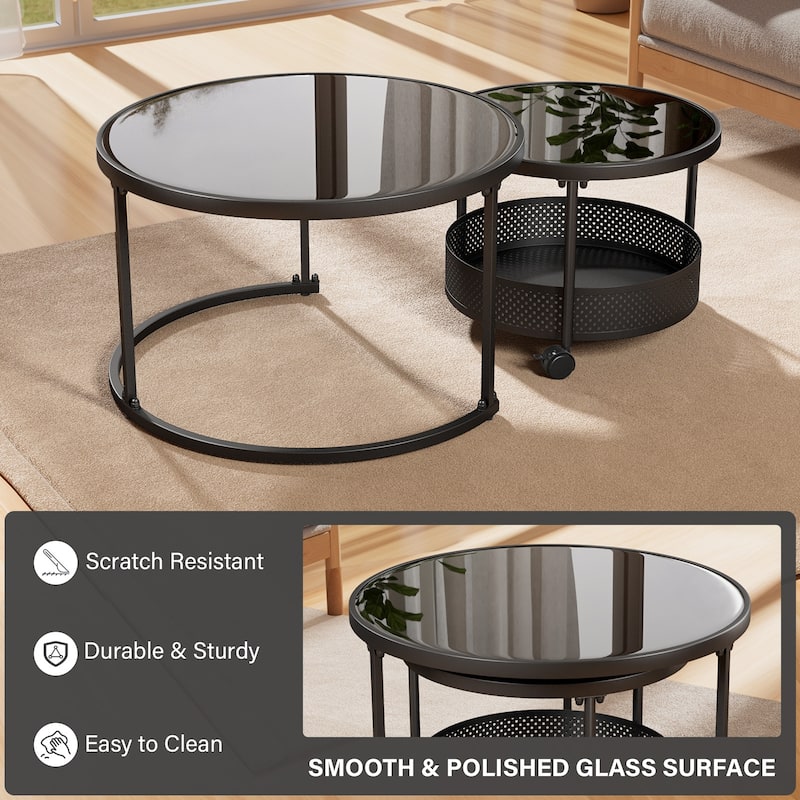 Meyreso Round Tempered Glass Nesting Coffee Tables with Metal Frame
