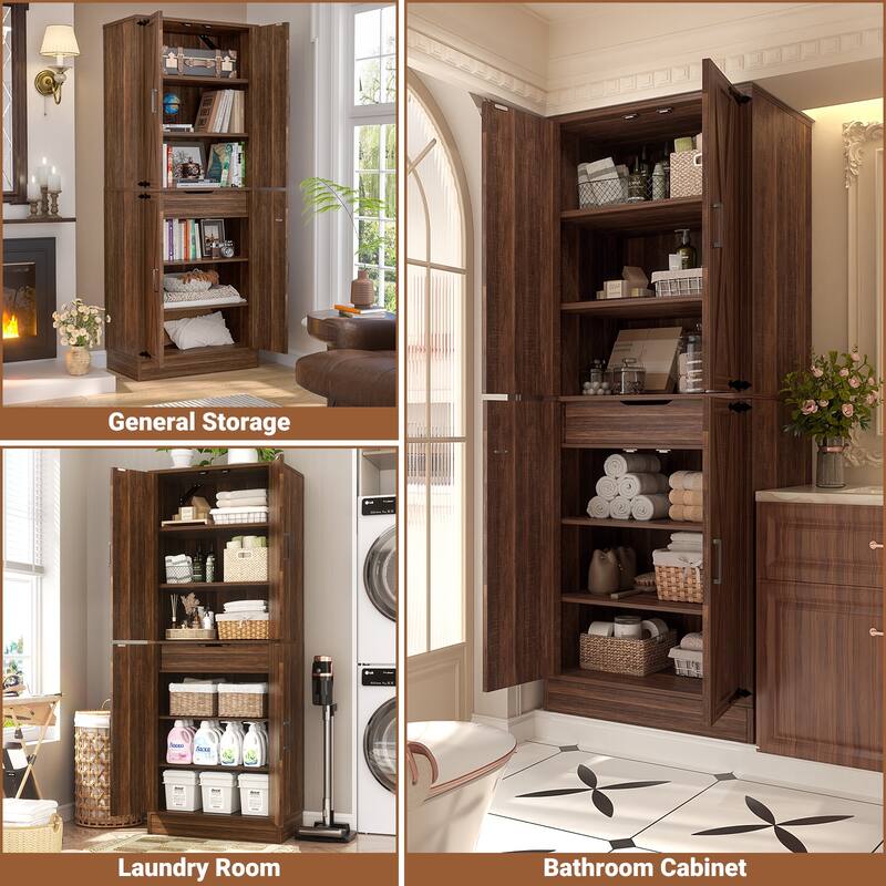 71" Kitchen Pantry with 4 Doors ＆ Large Drawer，Storage Cabinet with 6 Adjustable Shelves for Dining Room Living Room