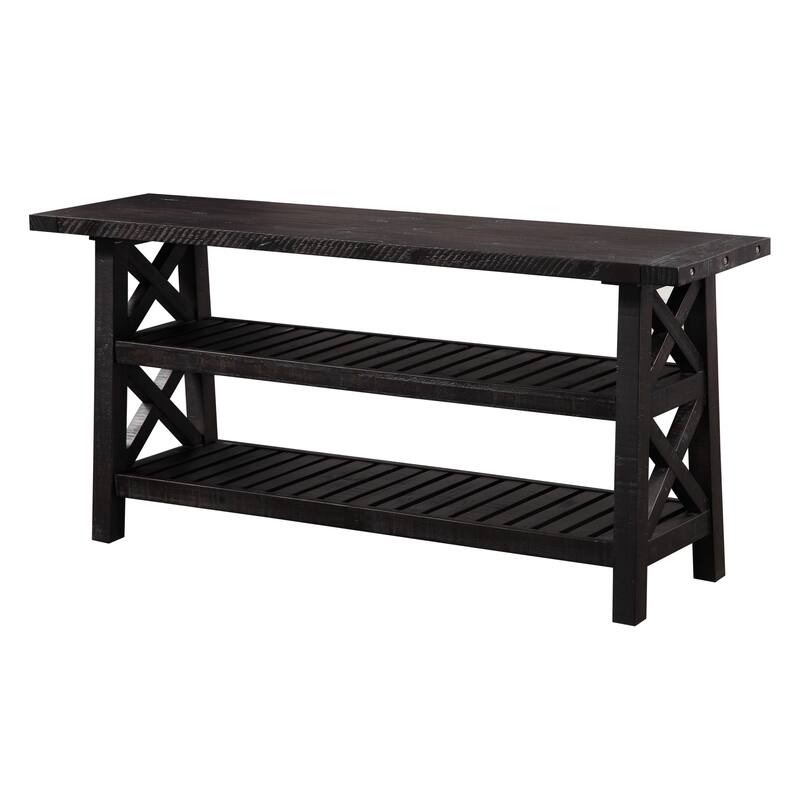 Slatted Two Tier Console table with Cross Side Panels, Rustic Cafe Brown
