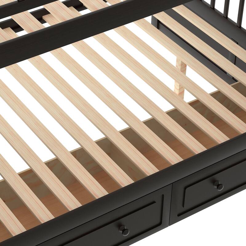 Convertible Bunk Beds, Wooden Bunk Bed Frame with 2 Drawers and Safety Fence, Divided Into 2 Separate Beds Frame