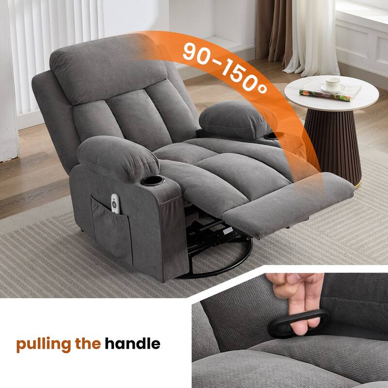 Swivel Rocker Recliner Chair with Vibration Massage and Heat, with Rocking and Side Pocket, USB Charge Port, 2 cup holders