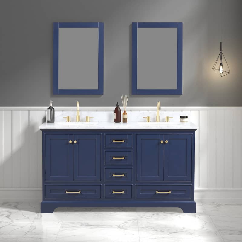 Blossom Copenhagen 60" Double Vanity with Marble Top, Sinks & Mirror - NavyBlue