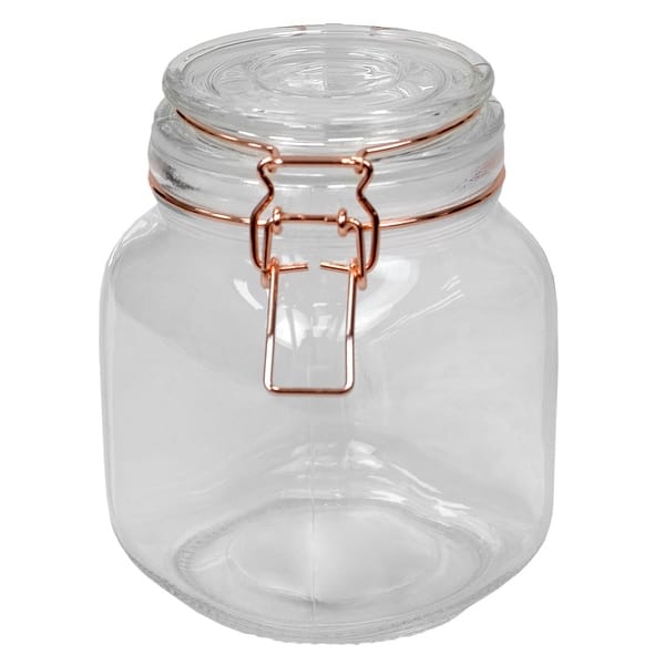 Clear Glass Storage Jar With Wooden Clip Lid and Black Metal