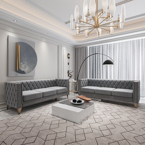 On　OFFVelvet Underground 4CD +1CD Velvet Chesterfield 3-Seat Sofa Set, Nailhead Trim, Sturdy