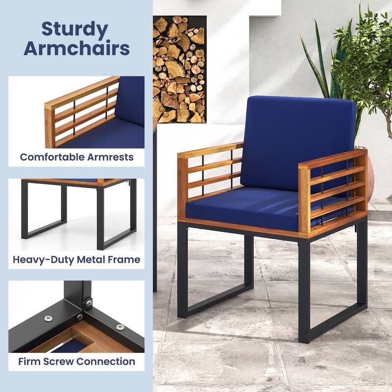 2-Piece Outdoor Solid Wood Dining Chairs with Navy Seat and Metal Frame Included Cushions - 21” x 23” x 25.5” (L x W x H)