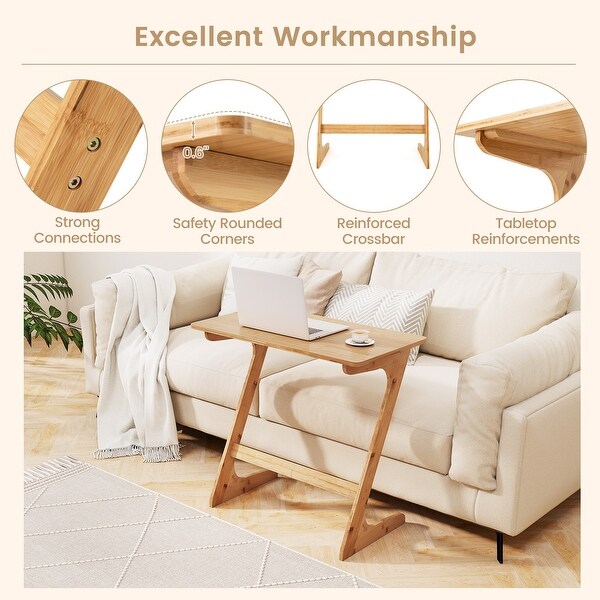 Costway Bamboo Sofa Side Table Z-Shaped Spacious Tabletop Space