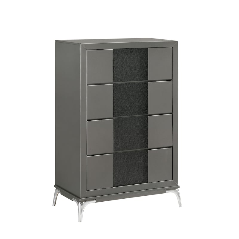 Rya 48 Inch Tall Dresser Chest, 4 Drawers, Gray Wood, Angled Chrome Legs