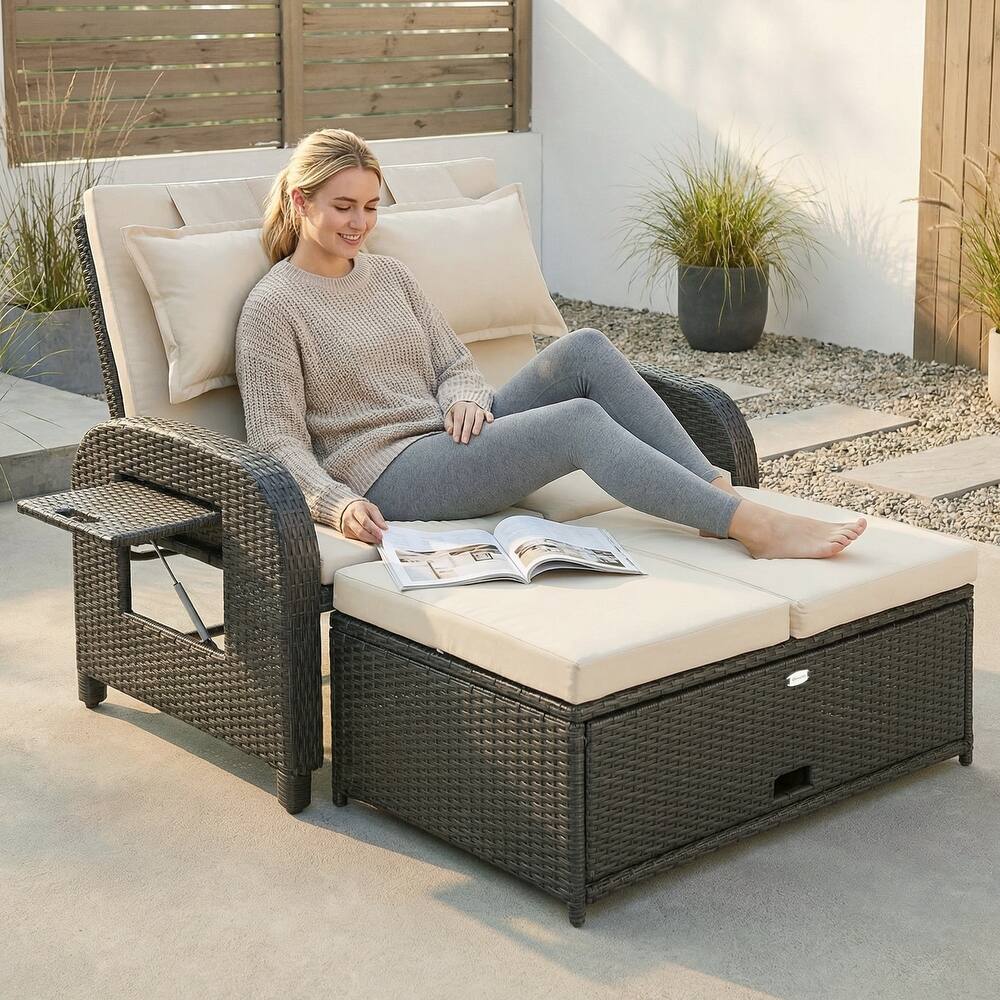 Outsunny Patio Rattan Daybed, Wicker Outdoor Daybed with Storage Ottoman, Loveseat Sofa with Adjustable Backrest
