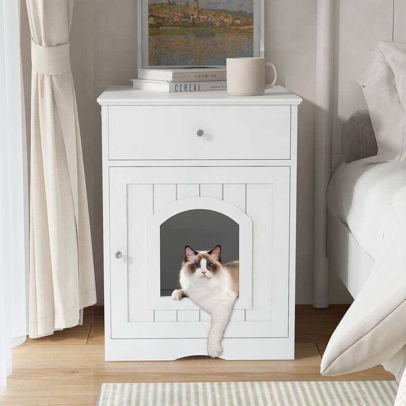 Wooden Pet House Cat Litter Box Enclosure With Drawer, Side Table, Indoor Pet Crate - 20.9''L x 18.9''W x 25'' H - White