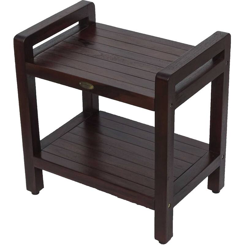 Compact Rectangular Teak Shower / Outdoor Bench with Shelf and Liftaide Arms in BrownFinish