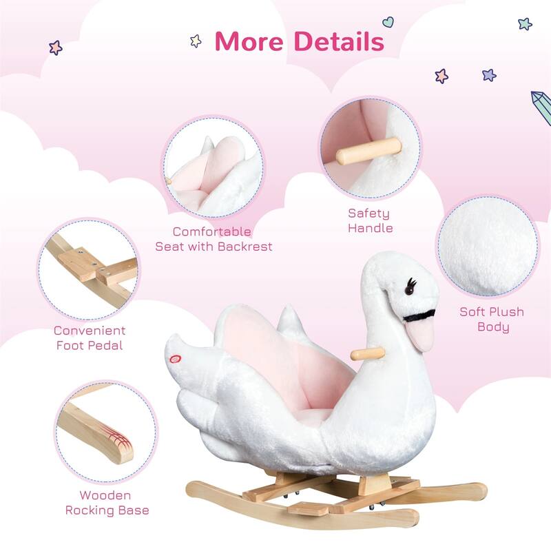 Plush Swan Rocking Horse with Wooden Base and Music for Toddlers 18 Months and Up - 23.5"L x 12.5"W x 21.75"H