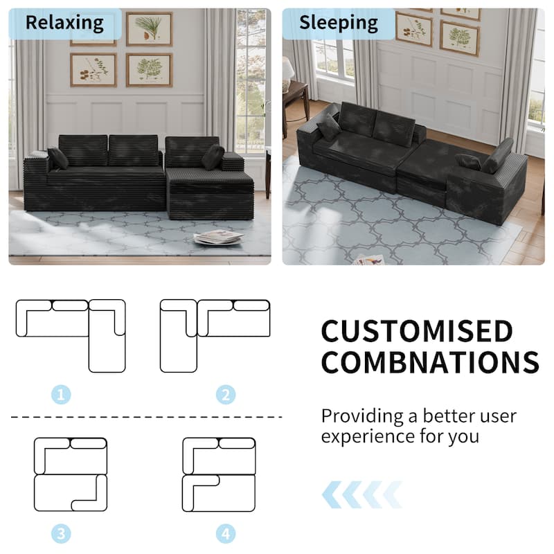 Black 108" Boneless Cloud Couch, Modular L-Shaped Sectional Sofa