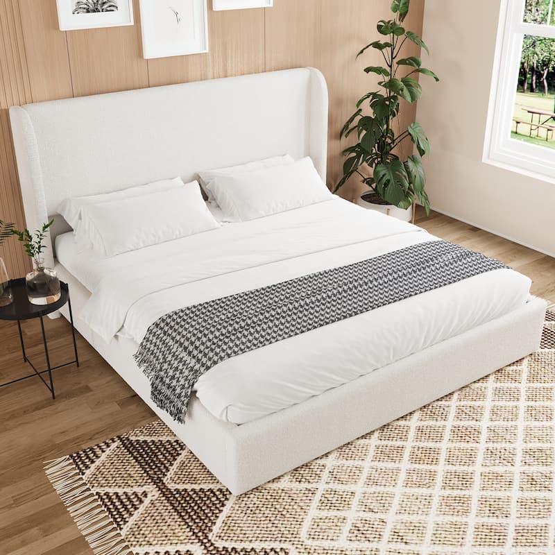 GDFStudio - Minimalist Upholstered Platform Bed Frame with Wingback Headboard, Solid Wood Legs & Slats, No Box Spring Needed