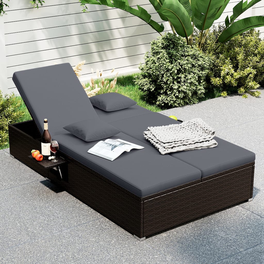 Gymax Patio Daybed PE Wicker Double Chaise Lounge w/ Adjustable