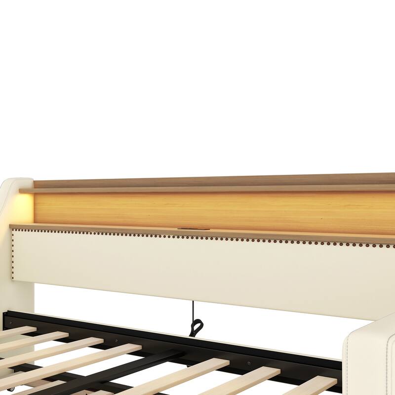 Modern Twin Daybed with Trundle, USB Charging & LED Lights, White PU Leather