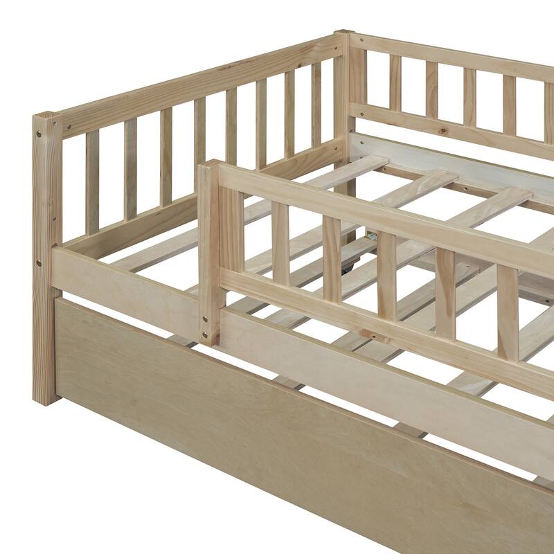 Twin Size Daybed Wood Bed Wood Platform Bed Frame No Box Spring Needed, 2 Extendable Wood Drawers with Trundle for Boys Girls