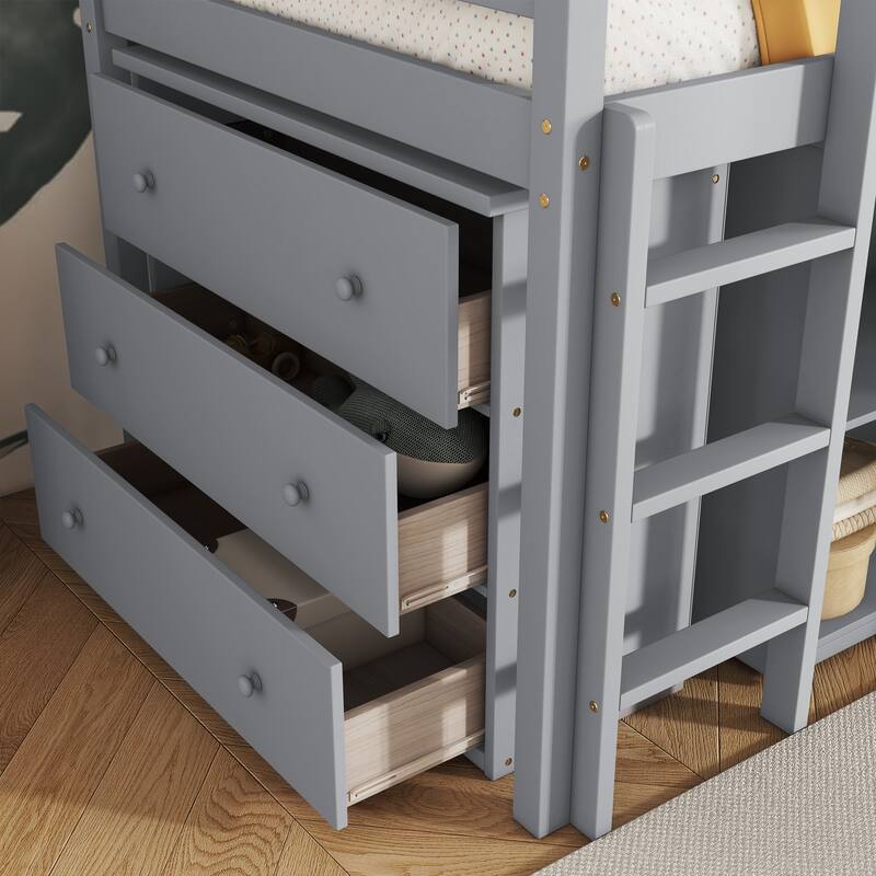 Space-Saving Twin Loft Bed with Pull-out Desk, 2 Storage Cabinets, Safety Guardrail, and Ladder, Rubber Wood