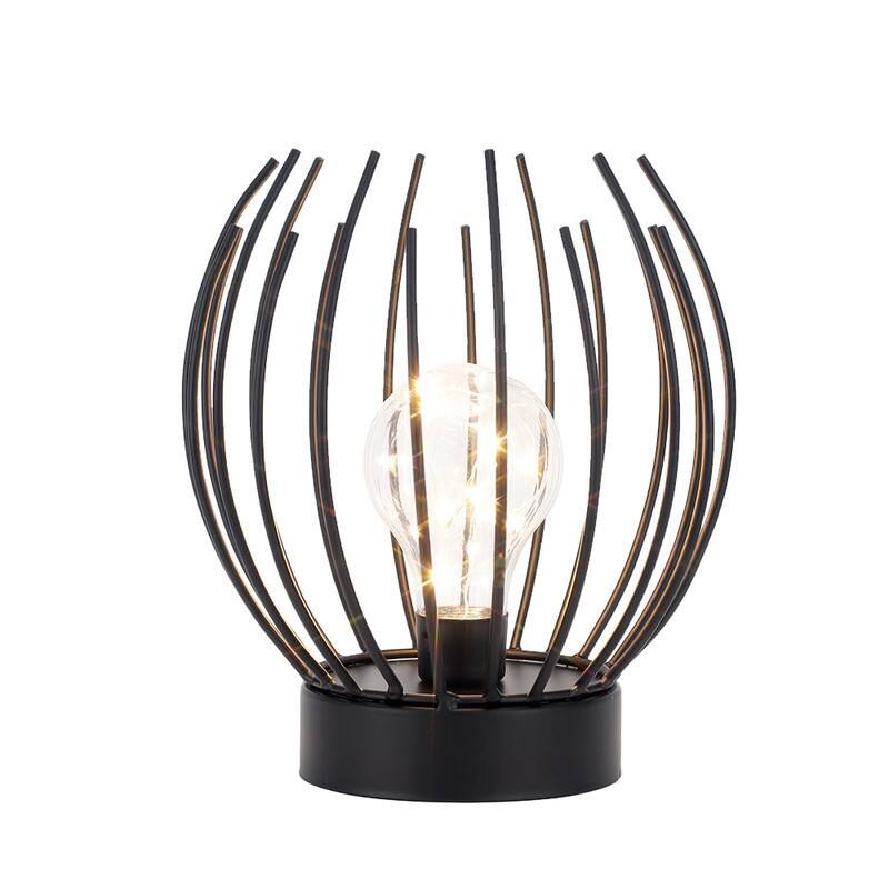 HomeRoots 7" Black Battery Operated Round Bedside Lamp With Metal Cage Globe Shade - 6.00 in. x 7.00 in. x 6.00 in.