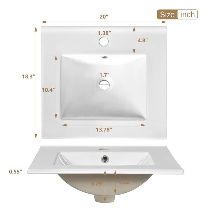 20" Bathroom Vanity with Ceramic Sink, Soft-Close Door, Drawer, Adjustable U-Shaped Shelf, Modern Freestanding Design