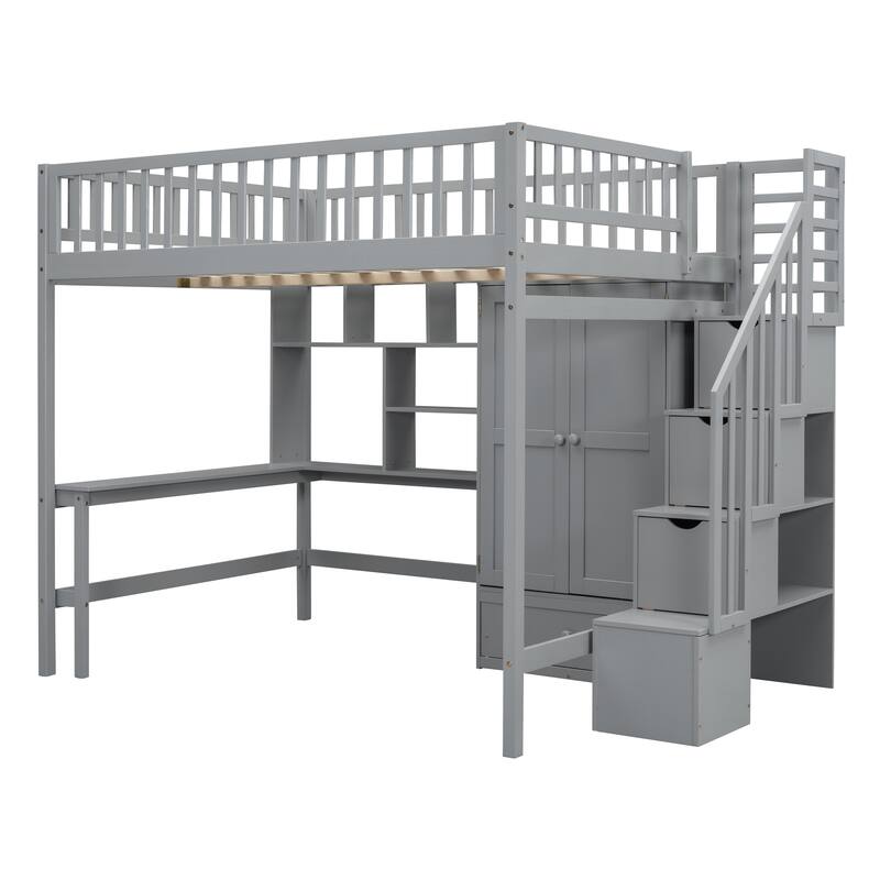 Full Size Loft Bed with Built-in Bookshelf, Drawers, Desk and Wardrobe in Gray