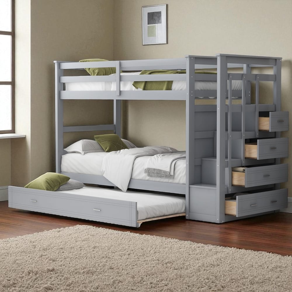 Twin Over Twin/Full Over Full Bunk Bed with Trundle and Storage Drawers, Staircase Bunk Frame for Kids and Teens